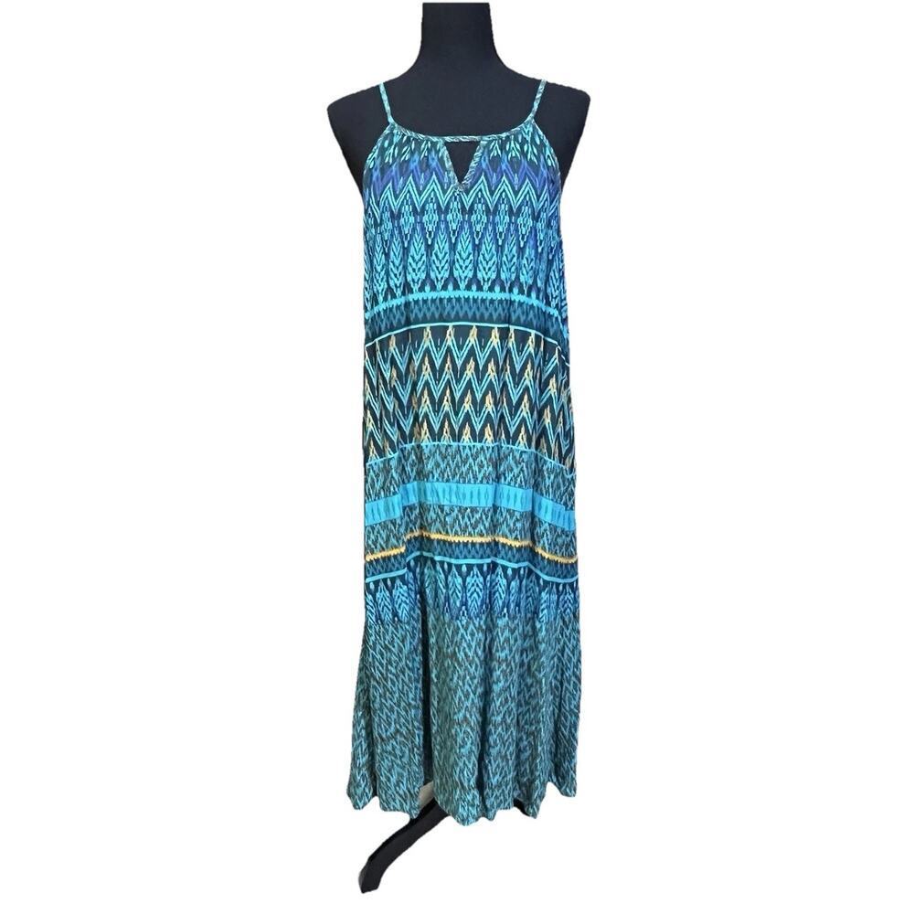prAna Nari MIDI Halter Dress Size Large Green Aztec Boho Resort Vacation Beach